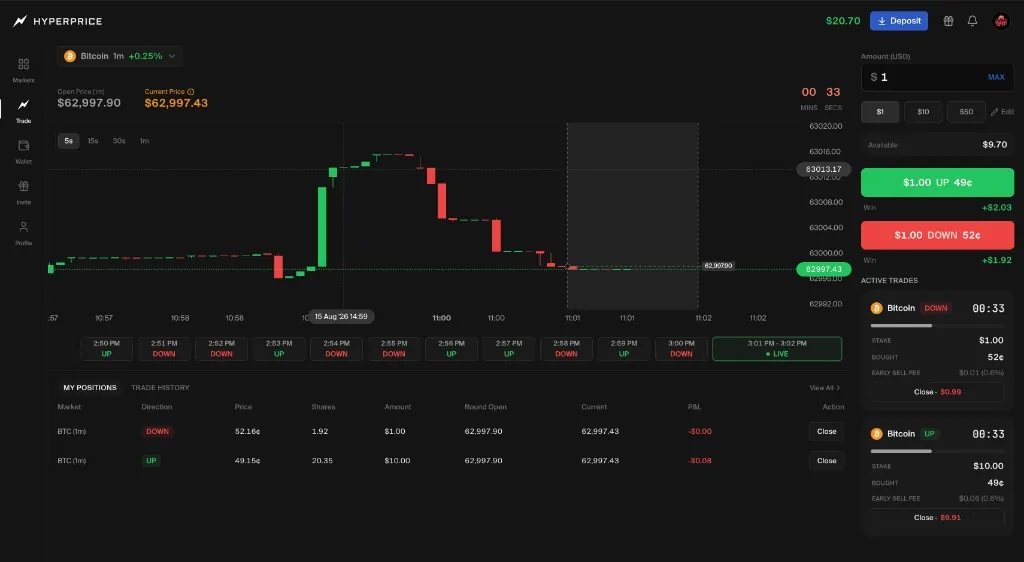 Hyperprice trade screen with live UP and DOWN quotes on a timed round